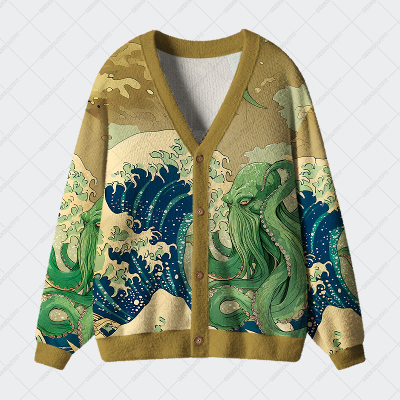 Ukiyoe Waves Cthulhu Geek Ugly Cardigan Sweaters 
