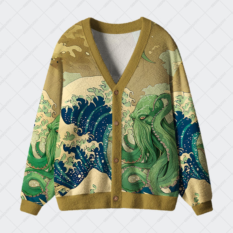 Geeksoutfit Ukiyoe Waves Cthulhu Geek Ugly Cardigan Sweaters for Sale