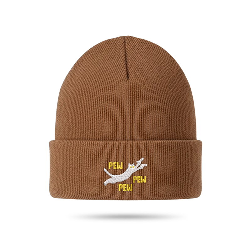 Pew Pew Pew Cat Geek Embroidered Beanie