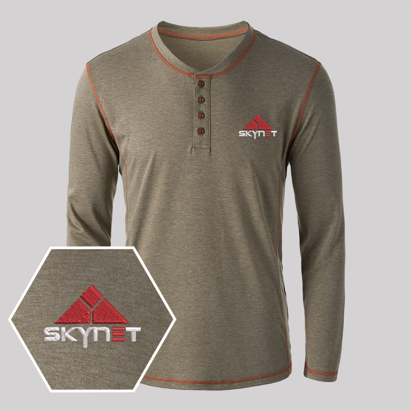 Skynet Core Geek Embroidered Long Sleeve Henley Shirts