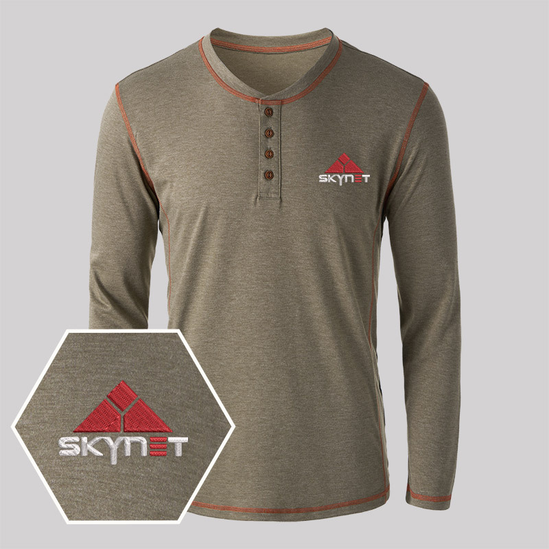 Skynet Core Geek Embroidered Long Sleeve Henley Shirts