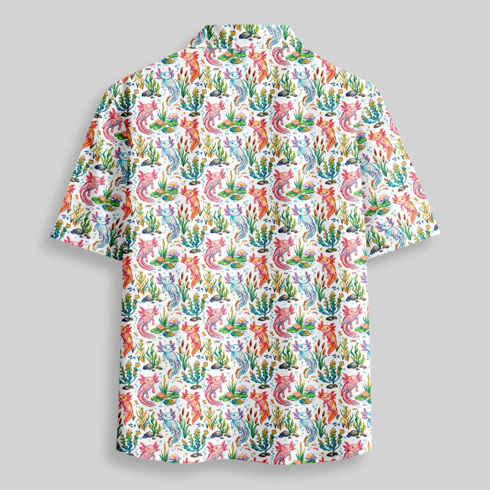 Bright White Axolotl Pond Life Button Up Pocket Shirt