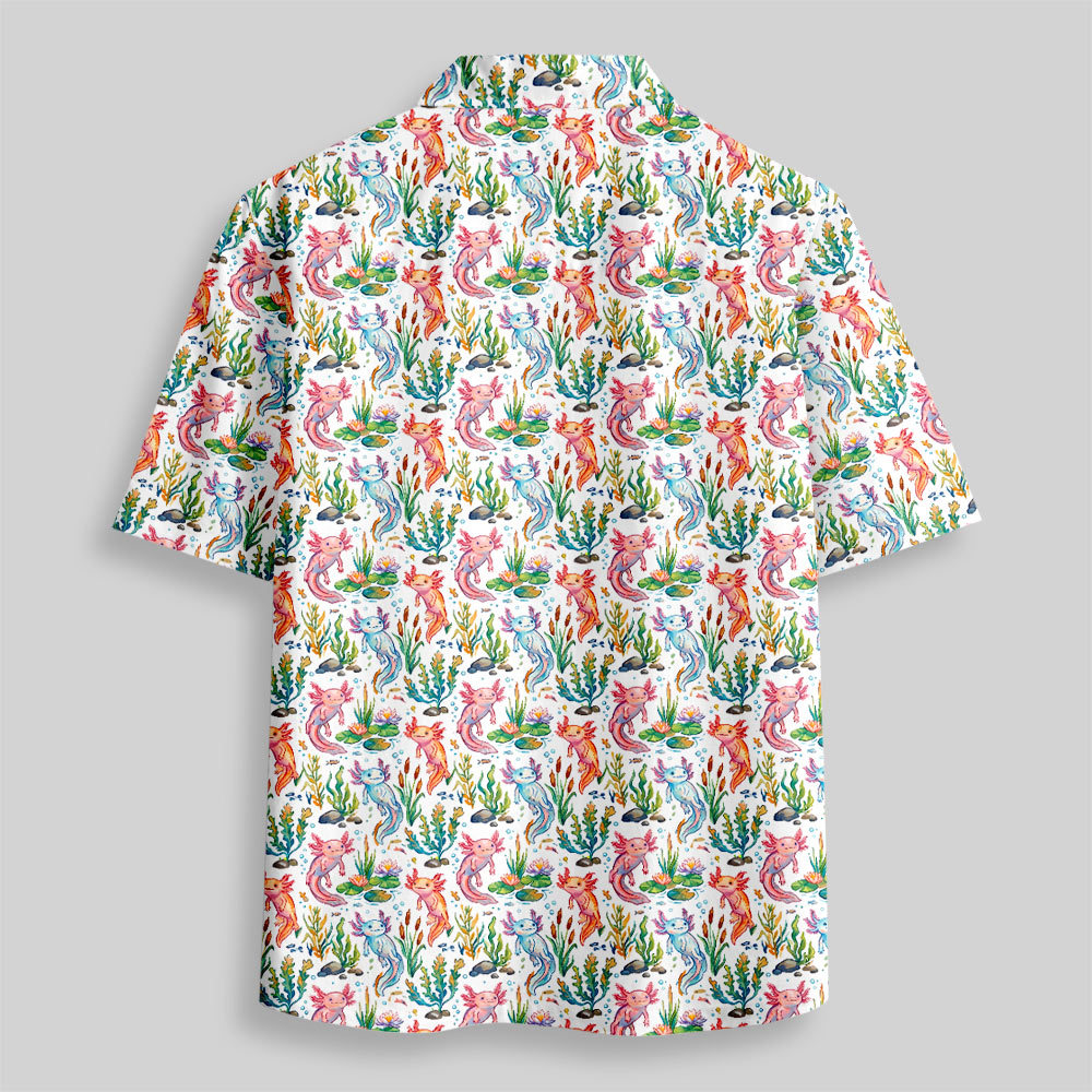 Bright White Axolotl Pond Life Button Up Pocket Shirt