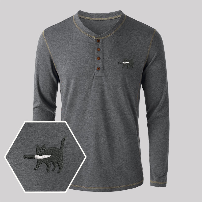 Samurai Cat Geek Embroidered Long Sleeve Henley Shirts