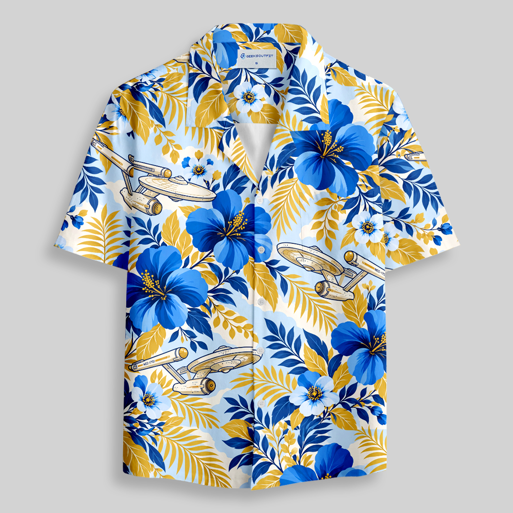 Tropical Hibiscus Space Craft Sci-Fi Button Up Pocket Shirt