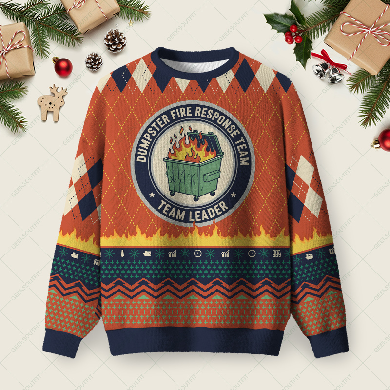 Geeksoutfit Dumpster Fire Response Team Ugly Christmas Fuzzy Fleece Sweatshirt for Sale