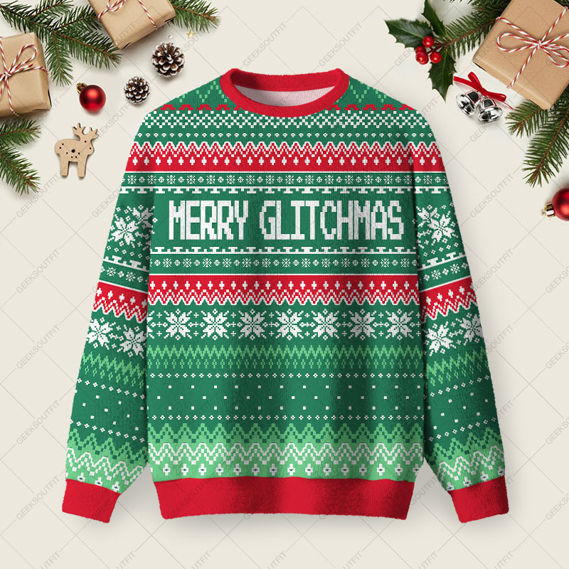 Geeksoutfit Merry Glitchmas Ugly Christmas Fuzzy Fleece Sweatshirt for Sale