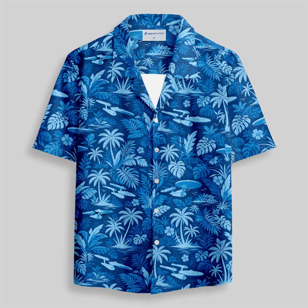 Vintage Blue Tropical Palm Tree Button Up Pocket Shirt