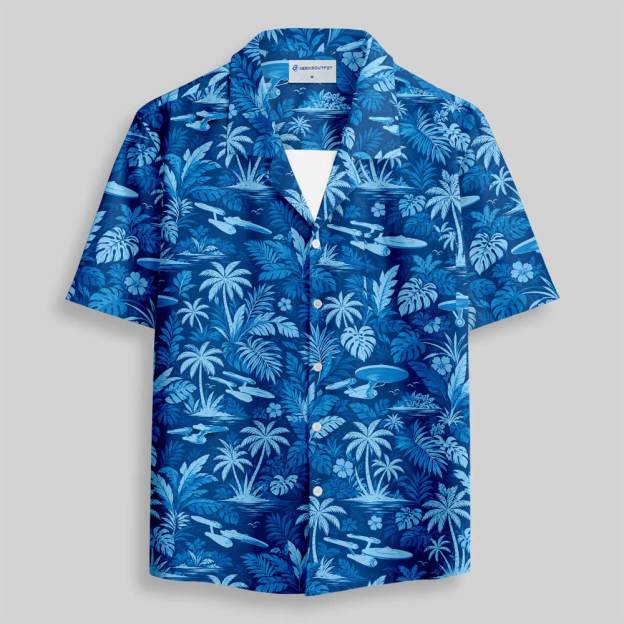 Vintage Blue Tropical Palm Tree Button Up Pocket Shirt