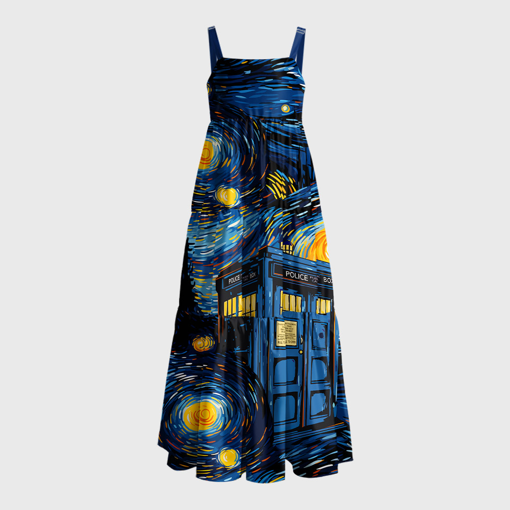 Starry Night Phone Booth Geek Tiered Cami Maxi Dress