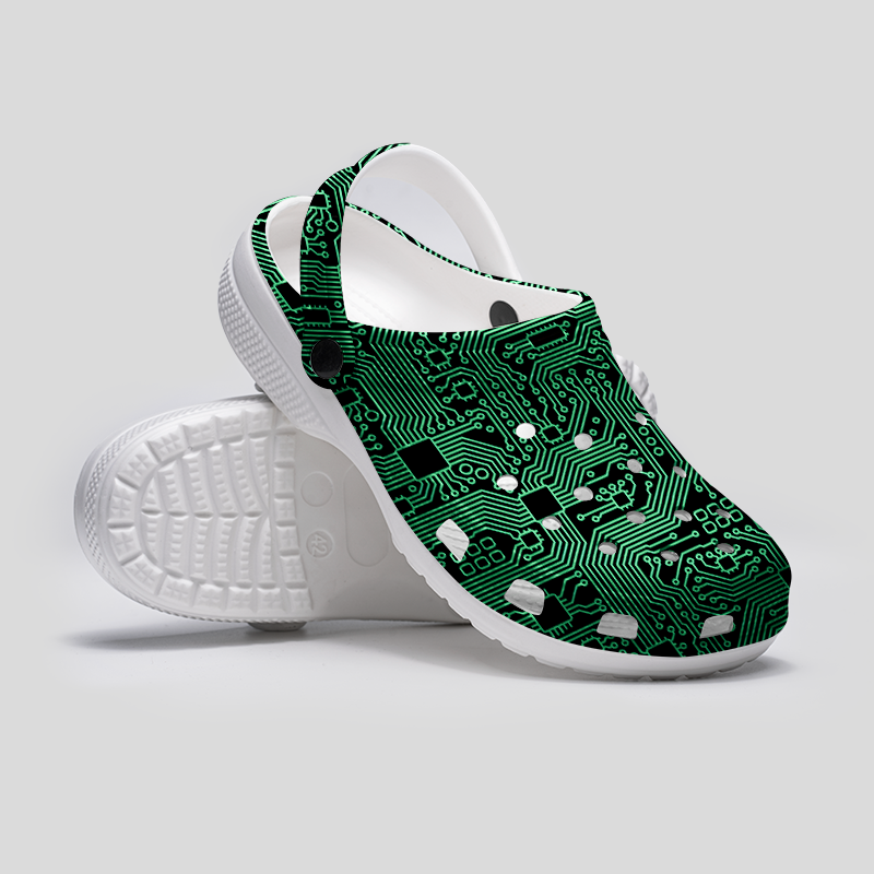 Computer Circuit Board Green Geek Rubber Clogs