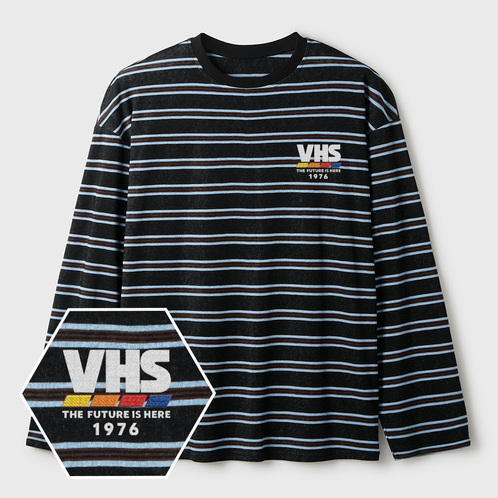 VHS The Future Is Here Lycra Striped Embroidered Long-Sleeve Shirts
