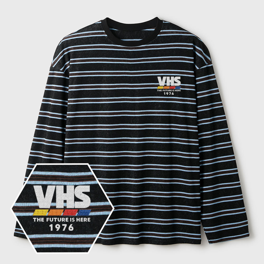 VHS The Future Is Here Lycra Striped Embroidered Long-Sleeve Shirts