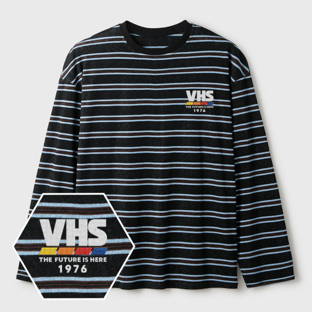 VHS The Future Is Here Lycra Striped Embroidered Long-Sleeve Shirts