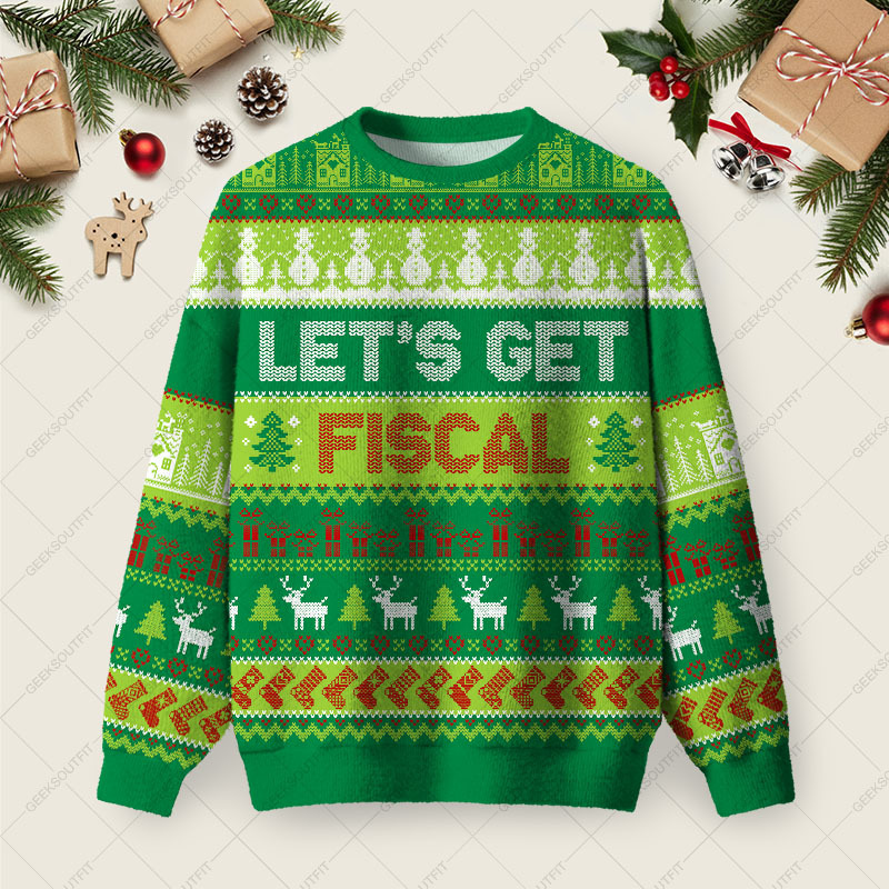 Geeksoutfit LET'S GET FISCAL Ugly Christmas Fuzzy Fleece Sweatshirt for Sale