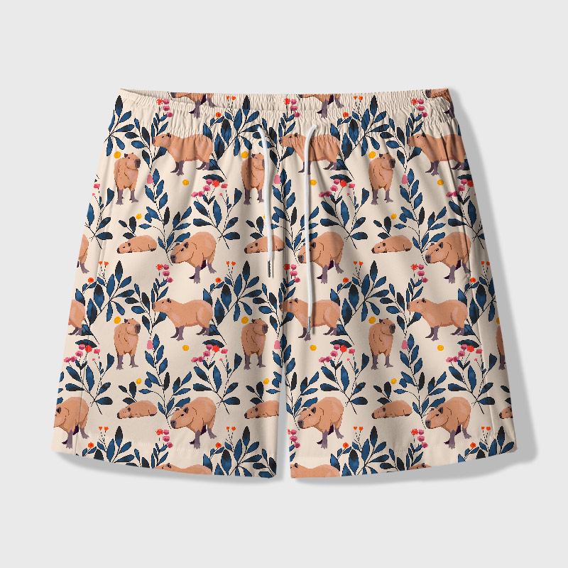 Capybara and Plants Geek Hawaiian Swim Trunks