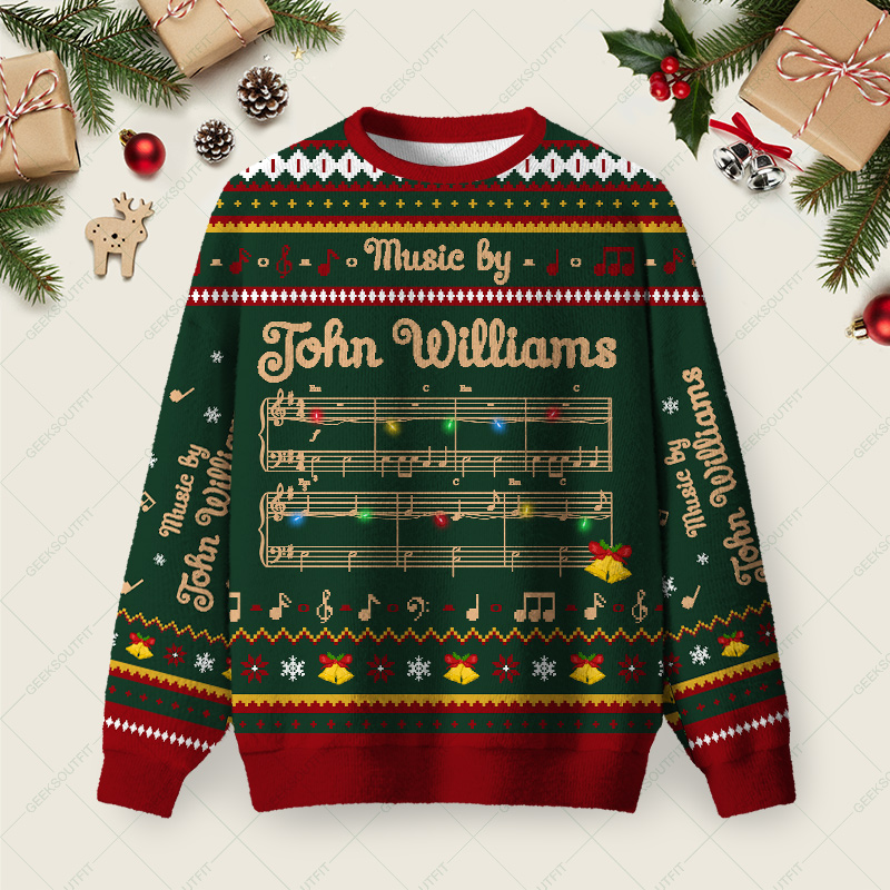 Music by John Williams Ugly Christmas Fuzzy Fleece Sweatshirt