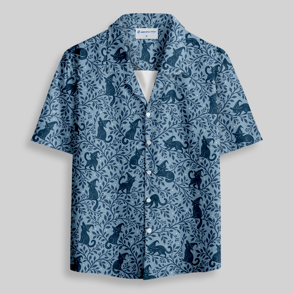 Woodland Witch Blackcat Fantasy Button Up Pocket Shirt