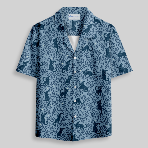 Woodland Witch Blackcat Fantasy Button Up Pocket Shirt