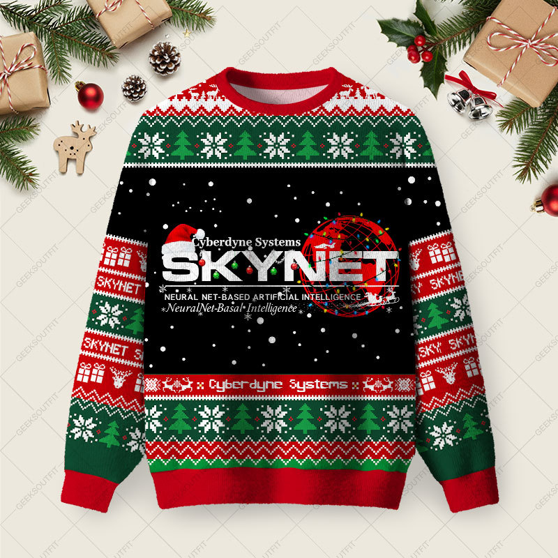 Geeksoutfit Skynet Workspace Ugly Christmas Fuzzy Fleece Sweatshirt for Sale