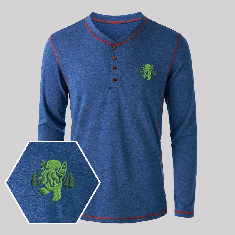 Cthulhu Geek Embroidered Long Sleeve Henley Shirts