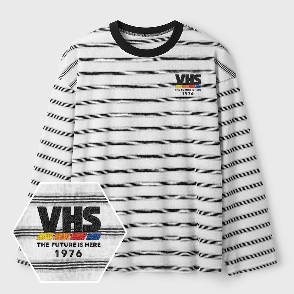 VHS The Future Is Here Lycra Striped Embroidered Long-Sleeve Shirts