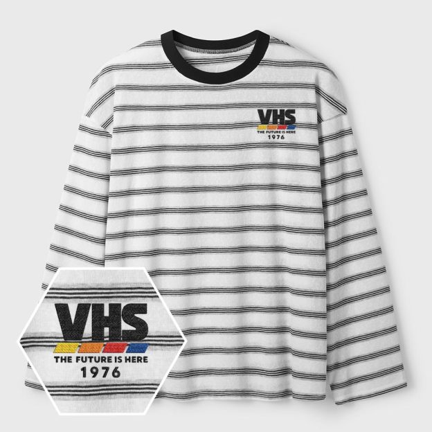 VHS The Future Is Here Lycra Striped Embroidered Long-Sleeve Shirts