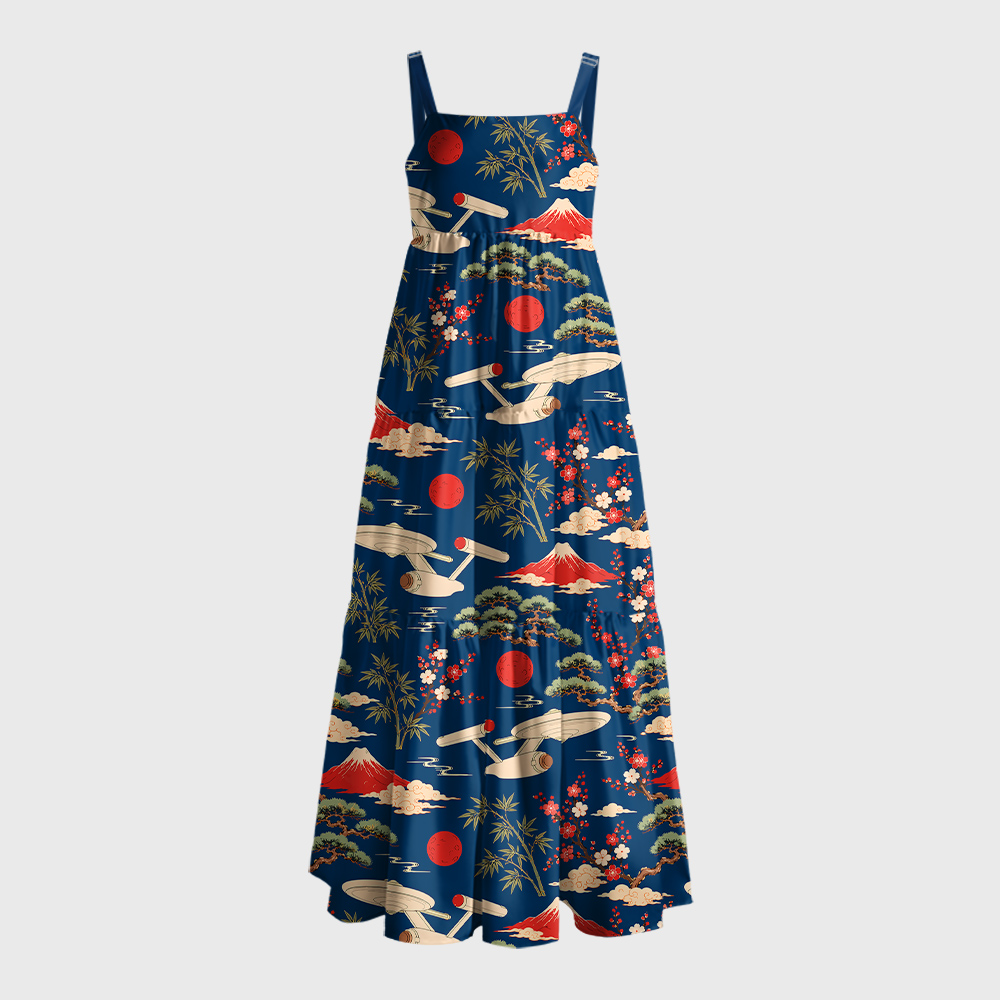 Sci-Fi Spaceship Ukiyo-e Style Geek Tiered Cami Maxi Dress