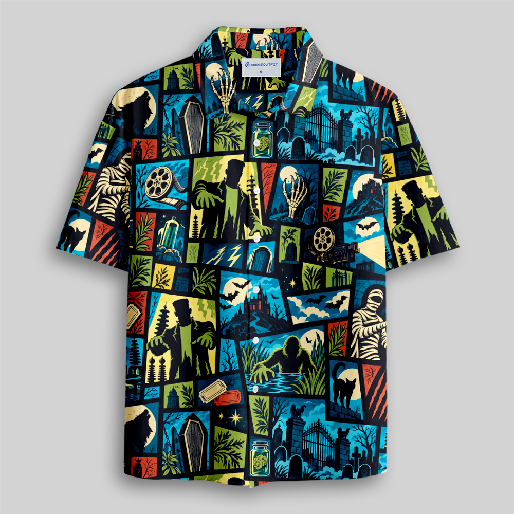 Comic Horror Creature Collage Button Up Pocket Shirt