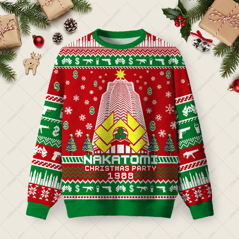 Nakatomi Corporation Christmas Party Snowflake Tower Ugly Christmas Fuzzy Fleece Sweatshirt