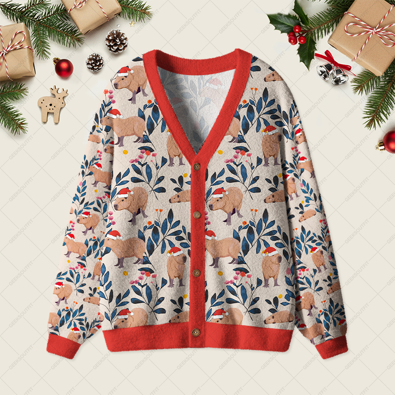 Geeksoutfit Capybara Christmas Chill Geek Ugly Cardigan Sweaters for Sale