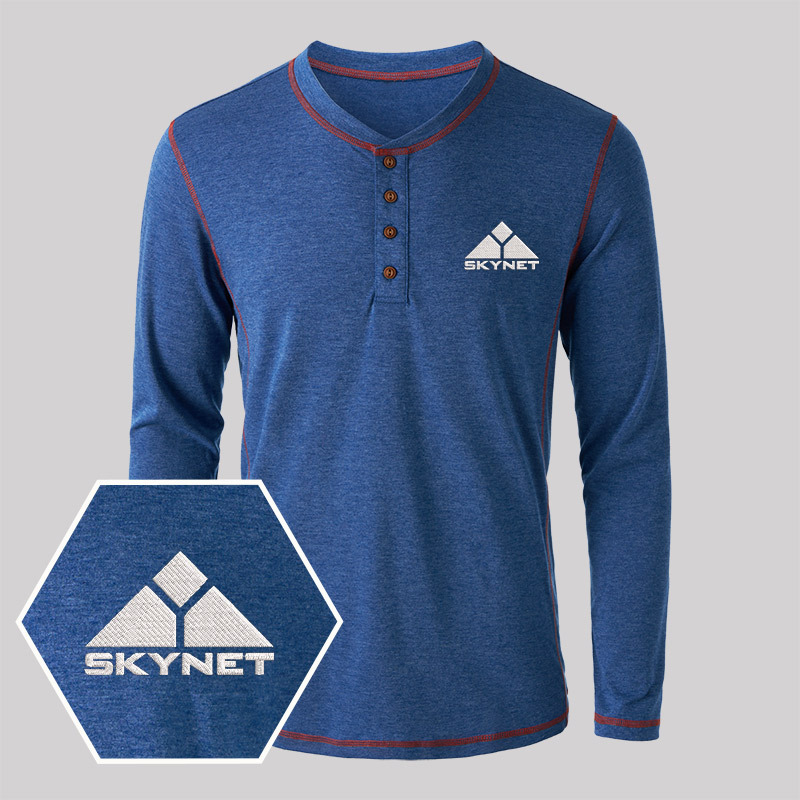 Skynet Embroidered Long Sleeve Henley Shirts