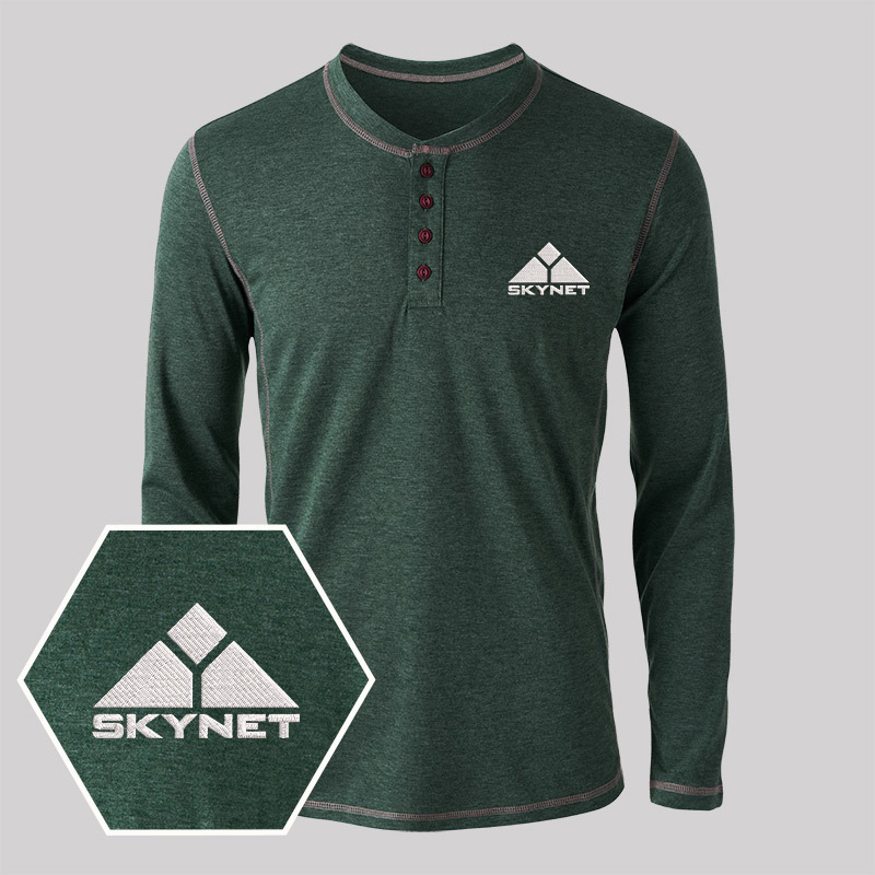 Geeksoutfit Skynet Embroidered Long Sleeve Henley Shirts for Sale