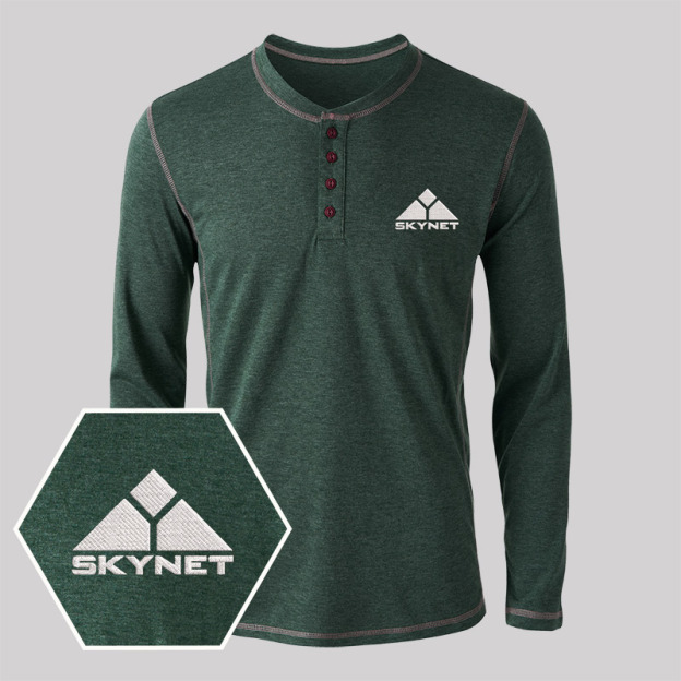 Skynet Embroidered Long Sleeve Henley Shirts