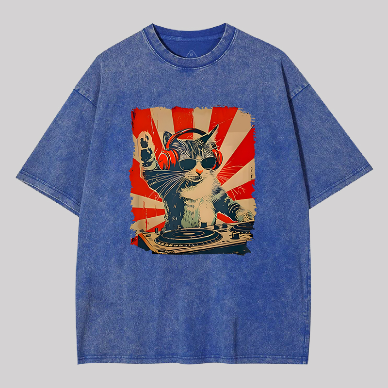 Rock Music Cat Vintage Geek Washed T-shirt
