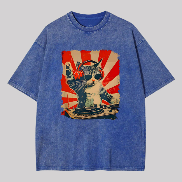 Rock Music Cat Vintage Geek Washed T-shirt