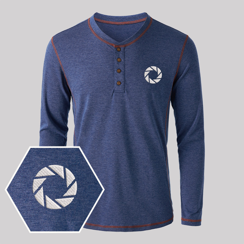 Aperture Embroidered Long Sleeve Henley Shirts