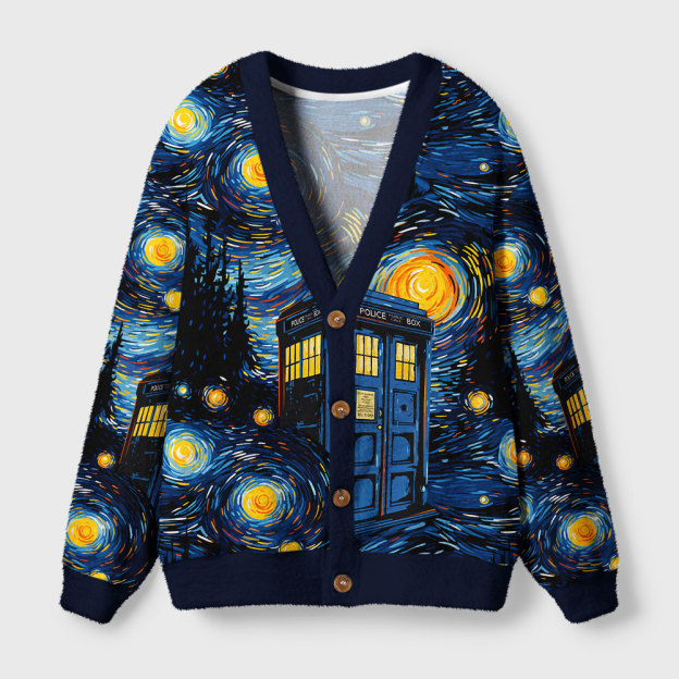 Starry Night Phone Booth Geek Ugly Cardigan Sweaters