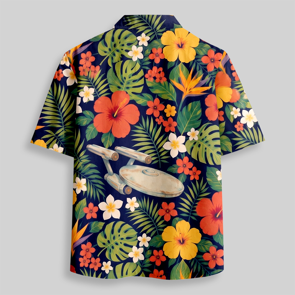 Alien Vacation Flying Saucer Tropical Button Up Pocket Shirt