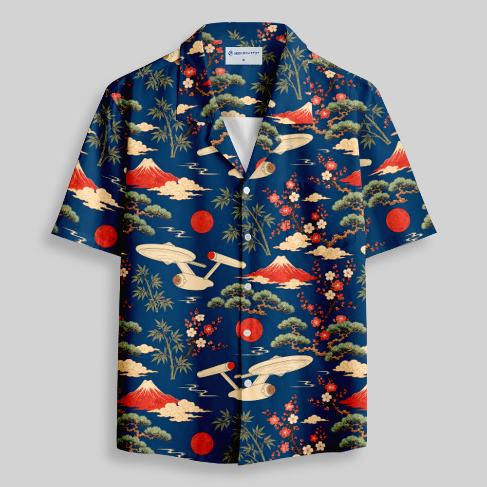 Sci-Fi Spaceship Ukiyo-e Style Button Up Pocket Shirt
