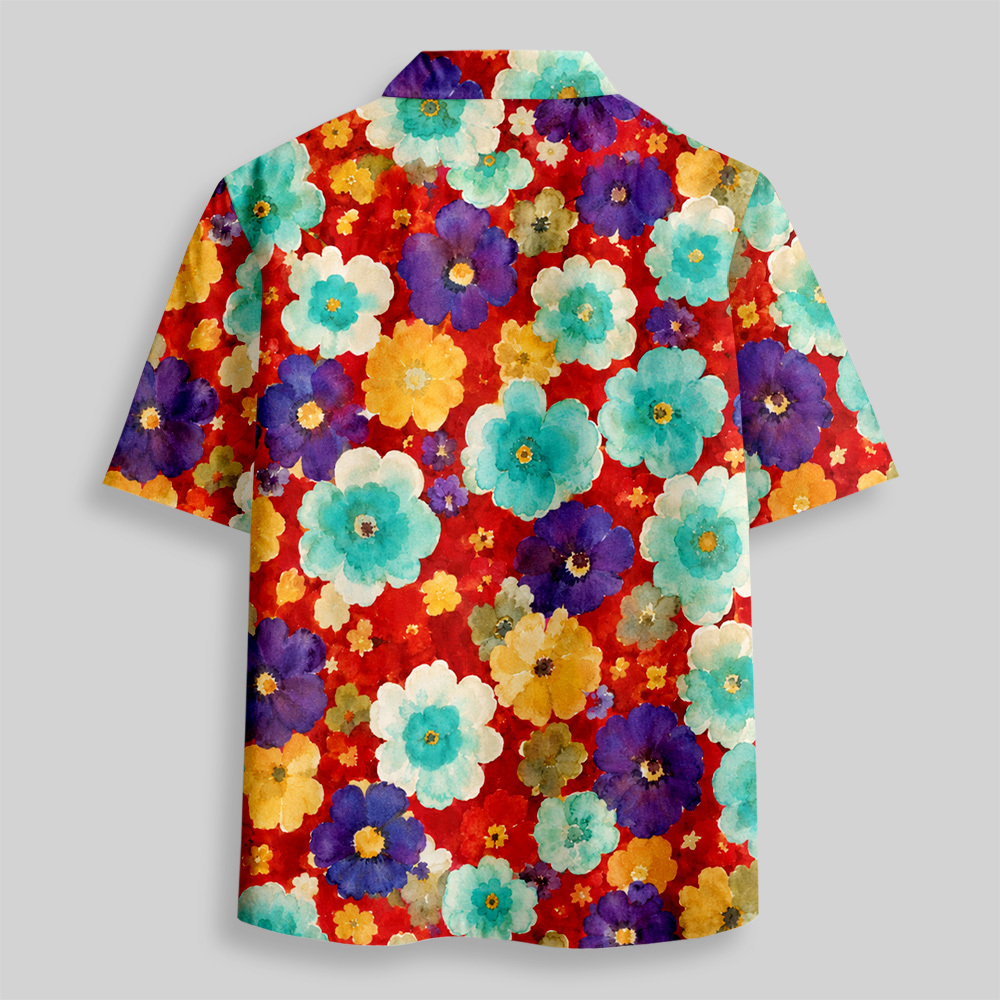 Ponchito Floral Style Short Sleeve Shirt Retro Button Up Pocket Shirt