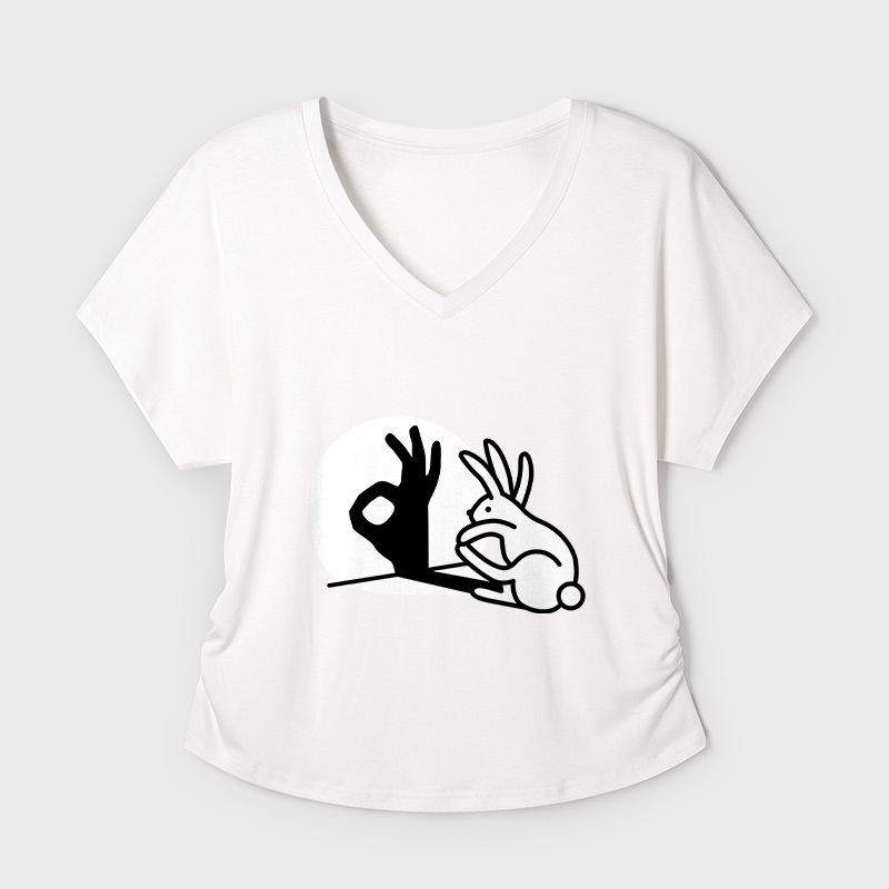 Funny Bunny OK Hand Shadow Geek Dolman Sleeve V-Neck Shirt