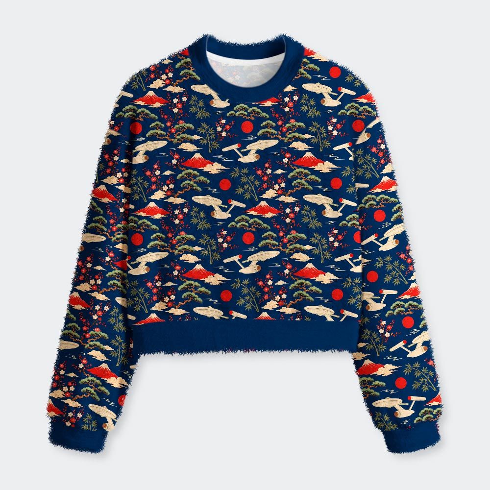 Sci-Fi Spaceship Ukiyo-e Style Geek Women's Fuzzy Fleece Cropped
