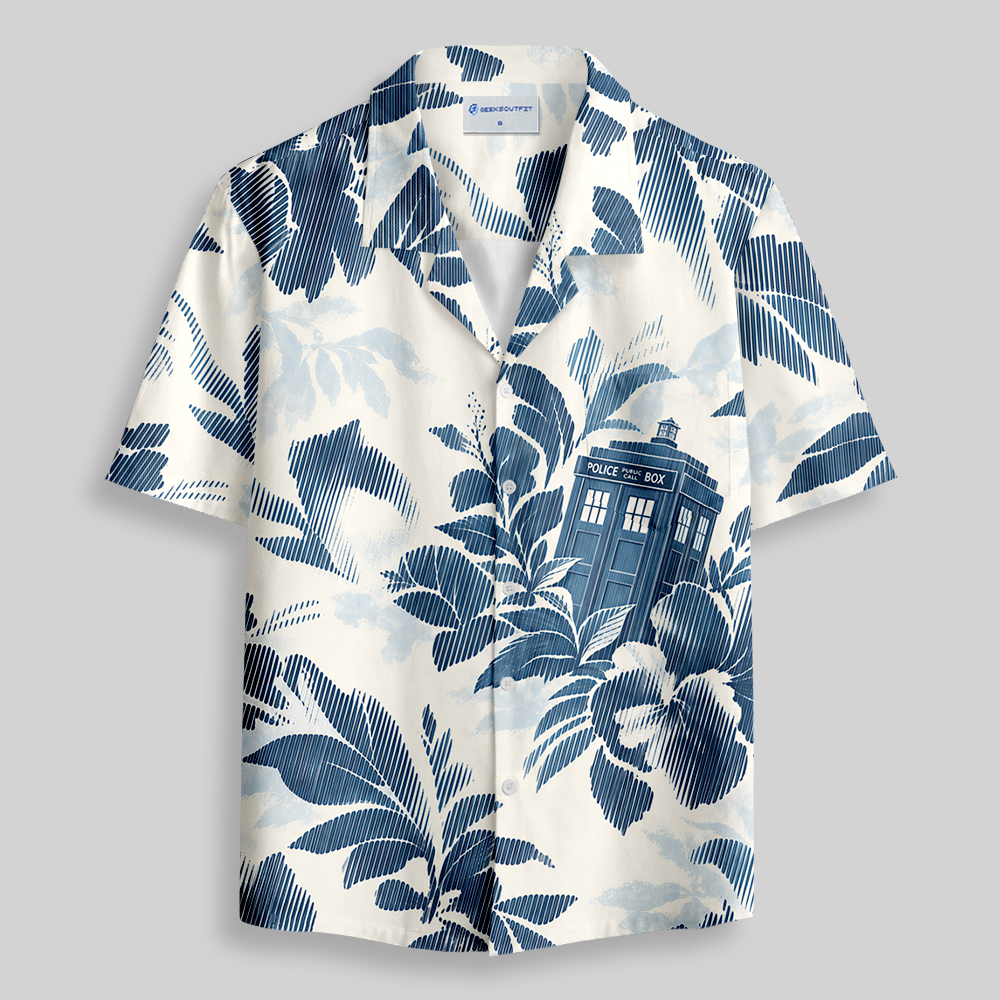 Blue Vintage Toile Fantasy Building Botanical Button Up Pocket Shirt
