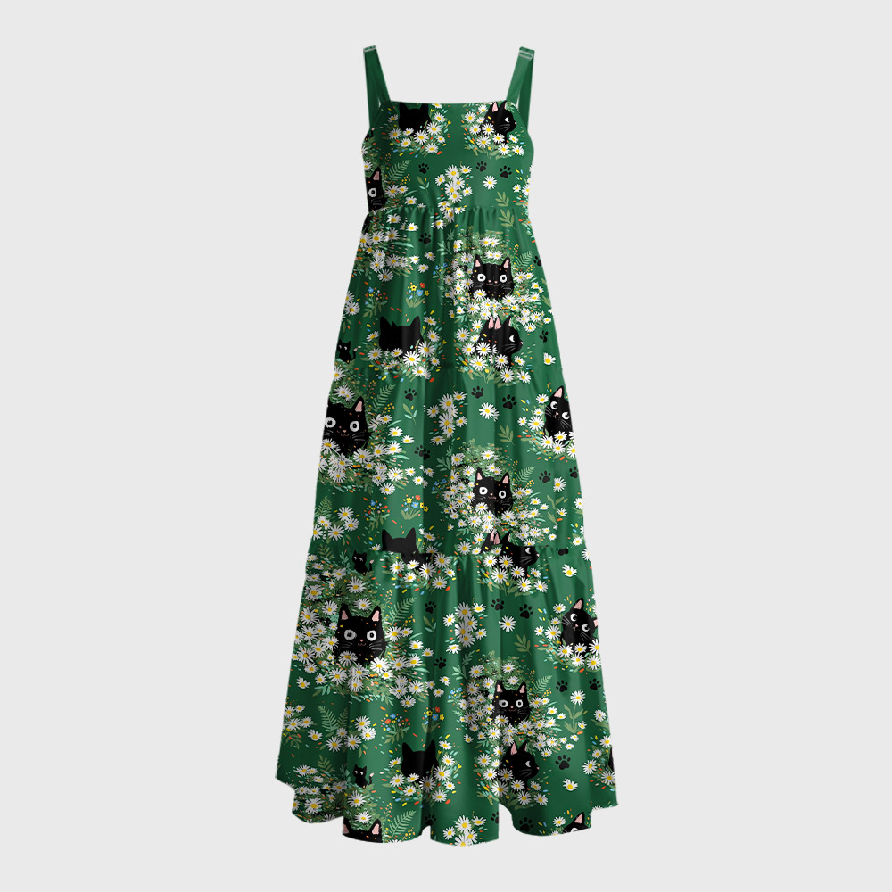 Peekaboo Kitty Geek Tiered Cami Maxi Dress