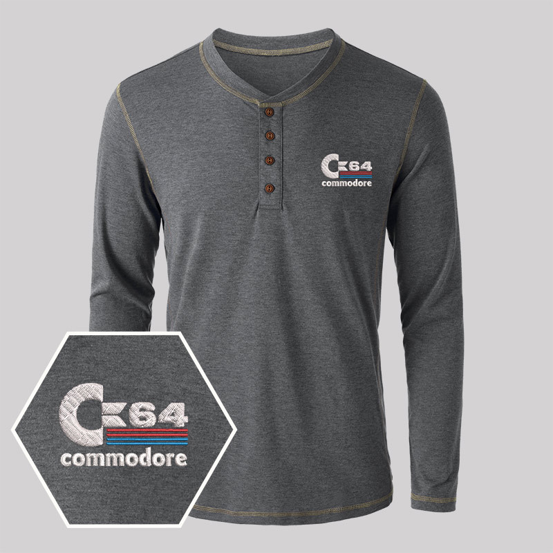 C64 Embroidered Long Sleeve Henley Shirts