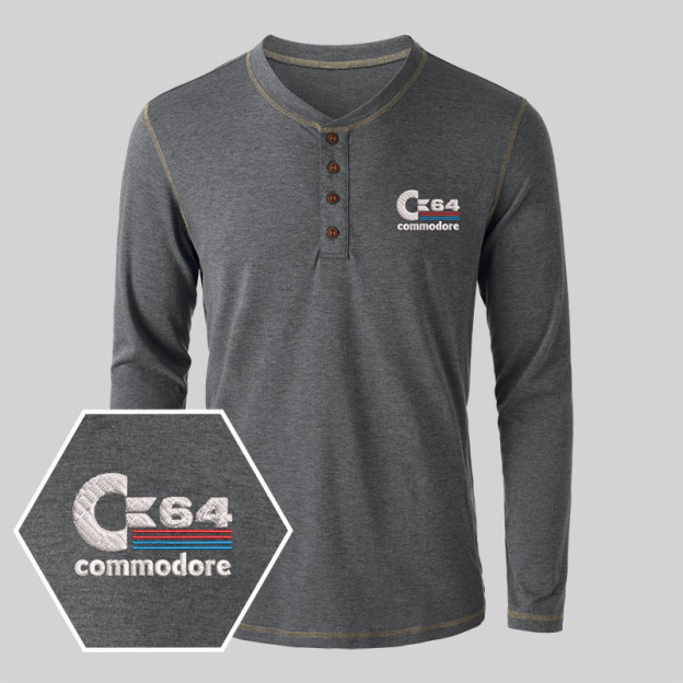 C64 Embroidered Long Sleeve Henley Shirts
