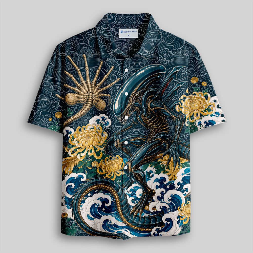 [Copy]Ocean Blue Sci-Fi Tropical Floral Tribal Print Button Up Pocket Shirt