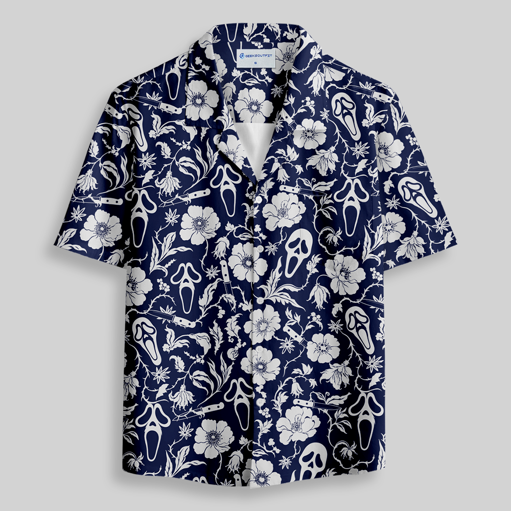 Navy Creepy Mask Botanical Seamless Button Up Pocket Shirt