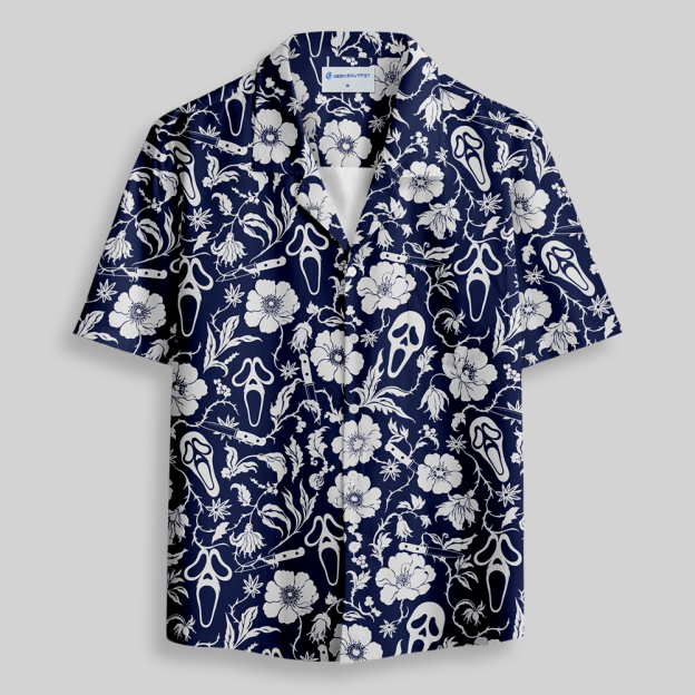 Navy Creepy Mask Botanical Seamless Button Up Pocket Shirt